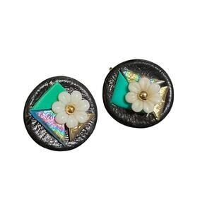 Vintage Geometric Floral Clip-On Earrings Handcrafted Mixed-Media Design